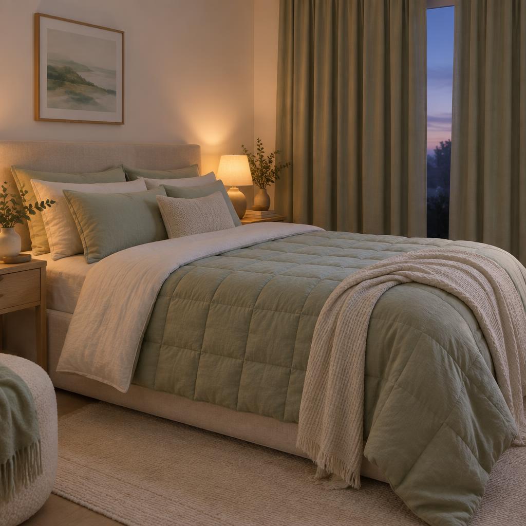 A calm bedroom at dusk with soft warm lamplight, sage bedding and heavy curtains